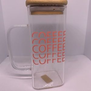 Square cup with handle, bamboo lid, and straw